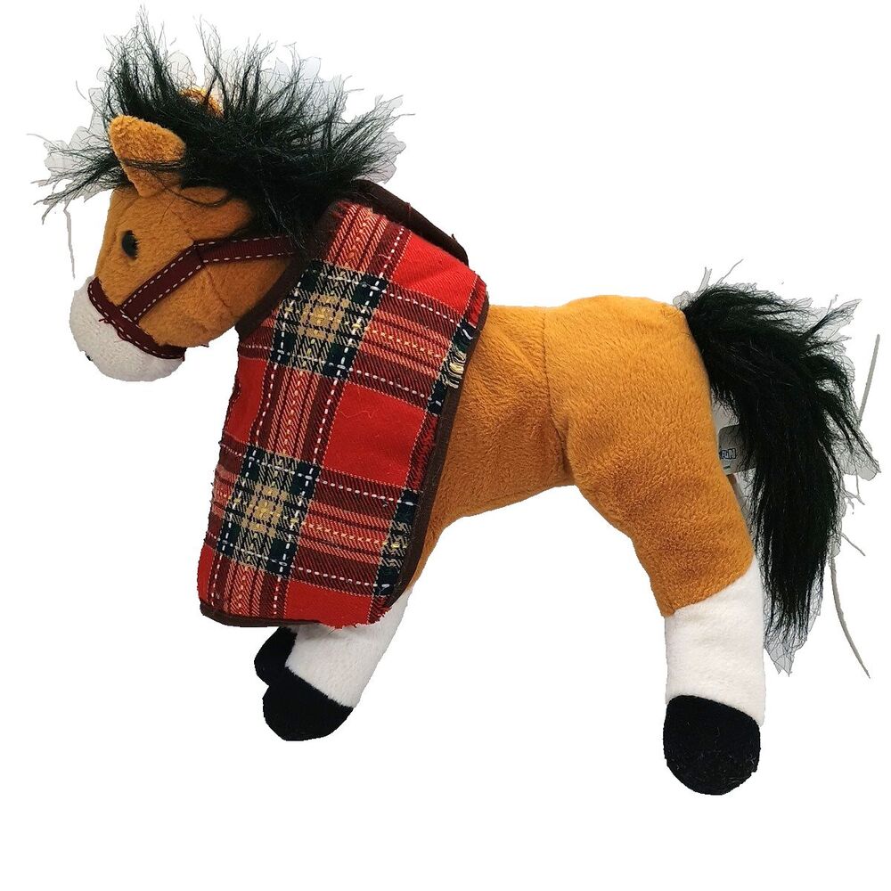 Hugfun Plush Horse Stuffed Animal Plush Toy Tan w/Plaid Blanket